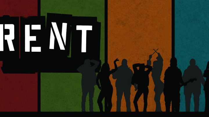 Rent-musikaalin bannerissa piirrettyjä ihmishahmoja