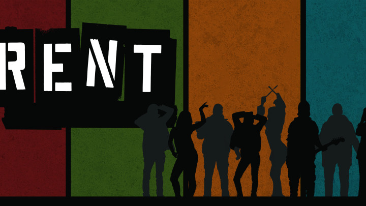 Rent-musikaalin bannerissa piirrettyjä ihmishahmoja